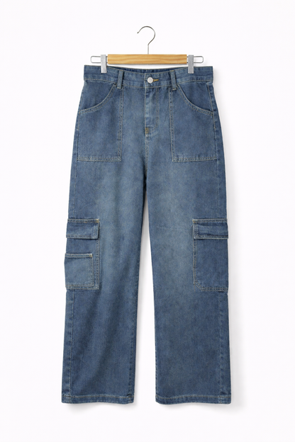HC London Women High-Rise Cargo Style Wide Leg Denim Jeans