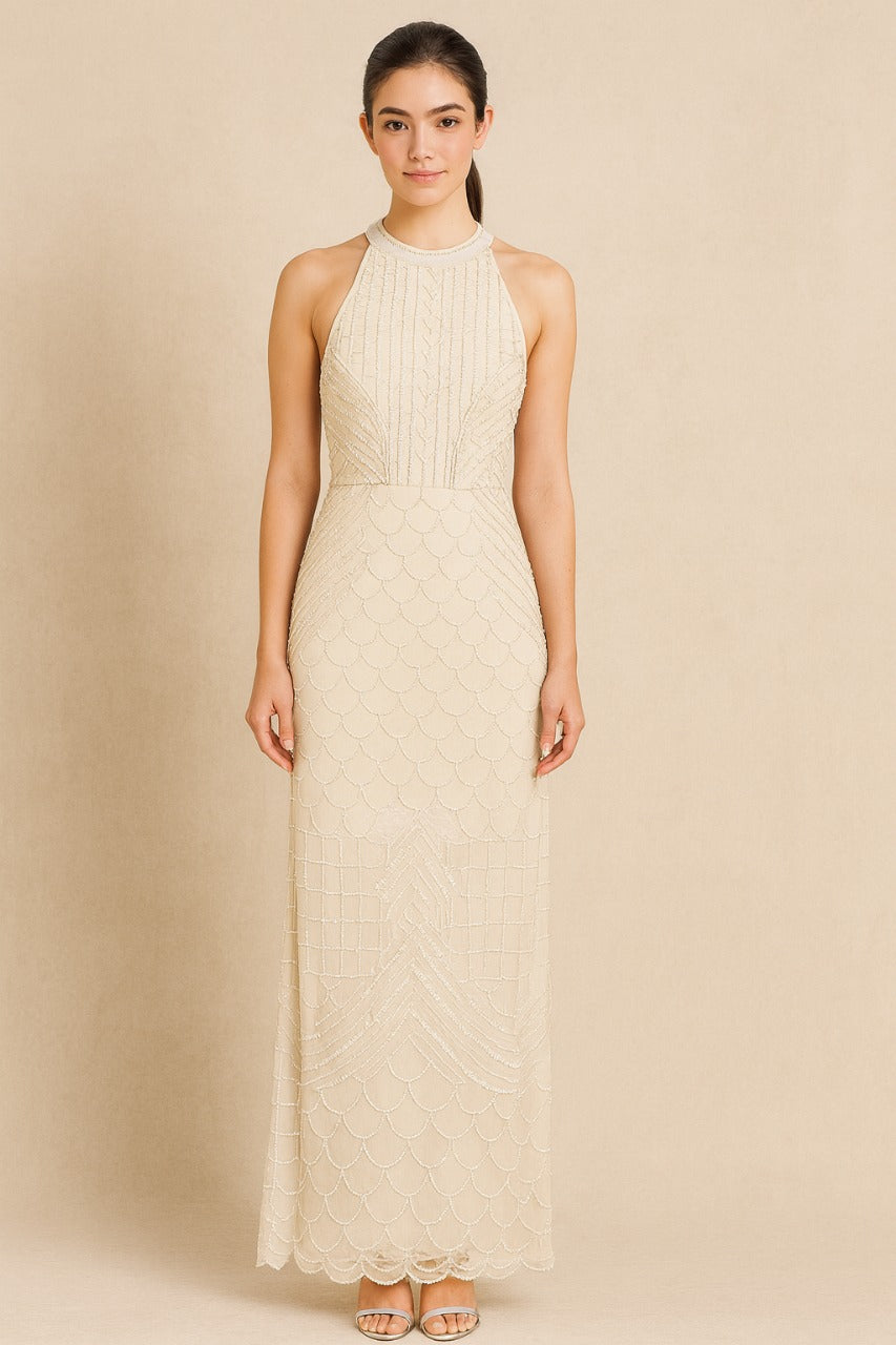 White color & silver Toned self designed sleeveless maxi dress