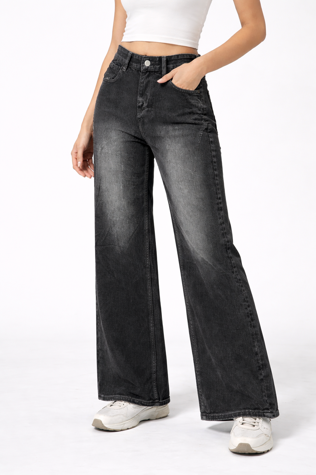 HC London Women High-Rise Washed Black Wide Leg Denim Jeans