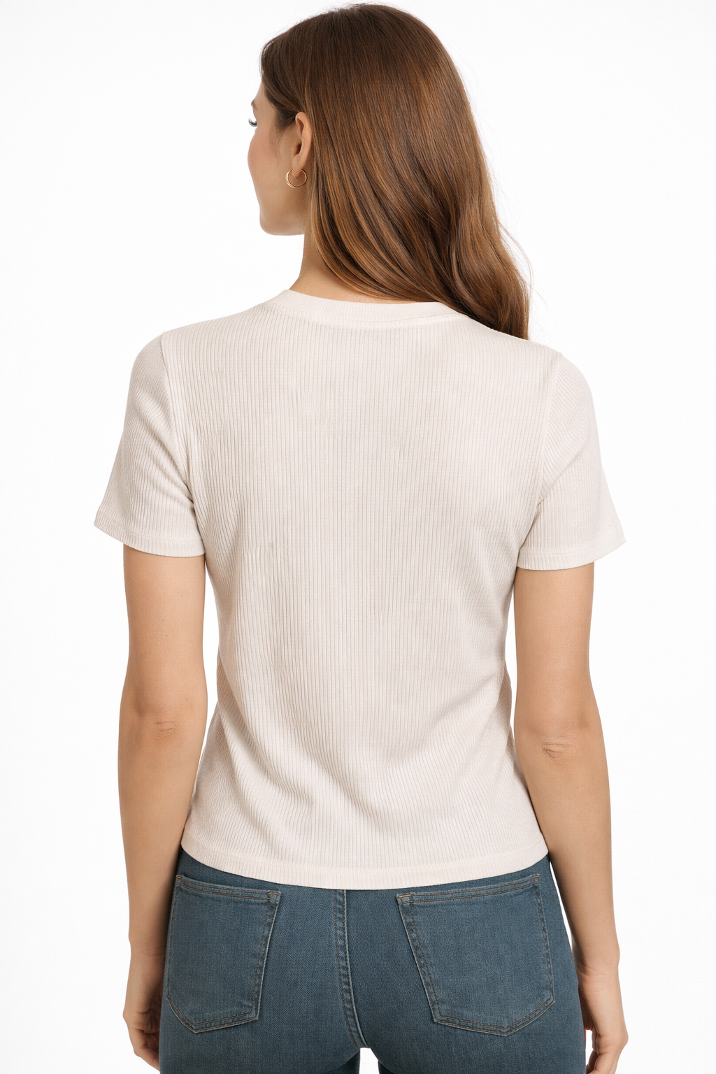 HC London Women Ribbed Knit Solid T-Shirt with Crystal Logo Detail (Black &bWhite)