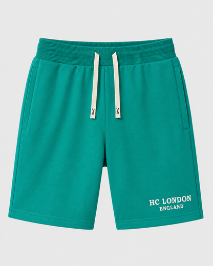 HC London Premium French Terry Co-Ord Set – White T-Shirt & Jade Green Shorts | Luxury Casual Wear for Men