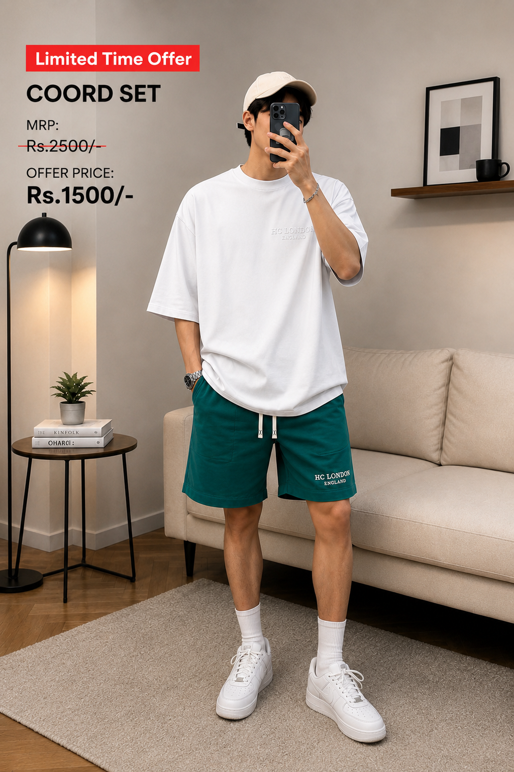 HC London Premium French Terry Co-Ord Set – White T-Shirt & Jade Green Shorts | Luxury Casual Wear for Men