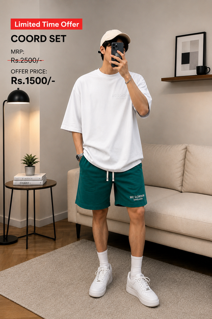 HC London Premium French Terry Co-Ord Set – White T-Shirt & Jade Green Shorts | Luxury Casual Wear for Men
