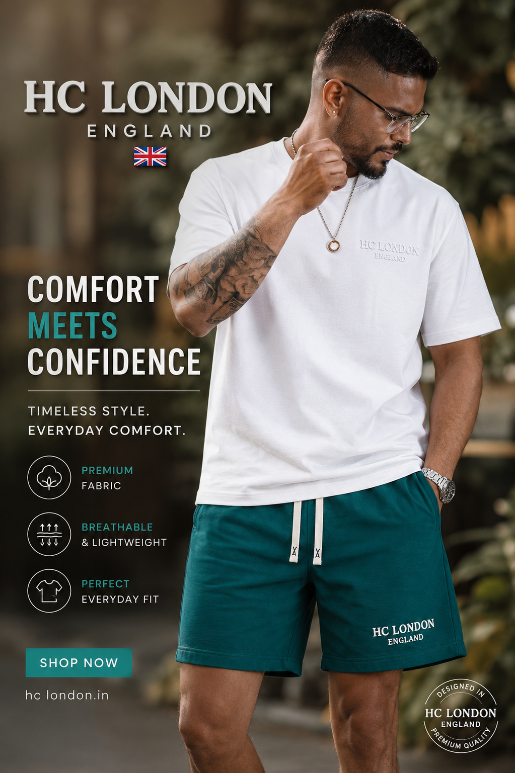 HC London Premium French Terry Co-Ord Set – White T-Shirt & Jade Green Shorts | Luxury Casual Wear for Men