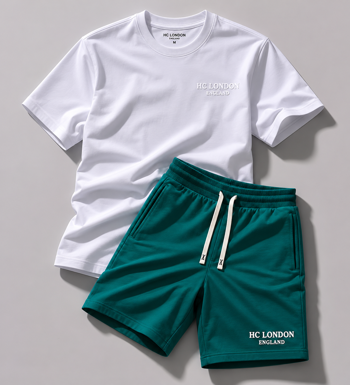 HC London Premium French Terry Co-Ord Set – White T-Shirt & Jade Green Shorts | Luxury Casual Wear for Men